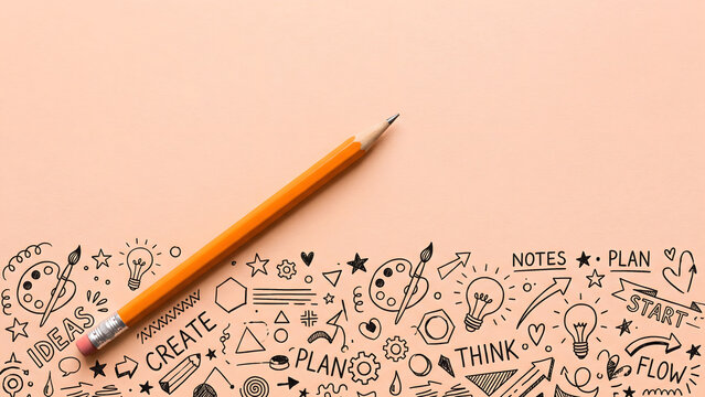 Creative process concept with a vibrant yellow pencil surrounded by hand-drawn doodles on a soft pastel background, representing ideation, planning, and artistic development