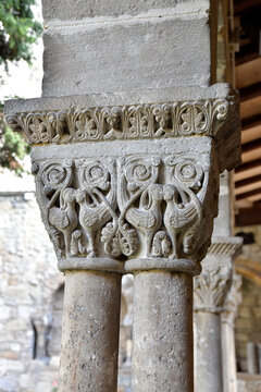 Romanesque capital carving depicting birds in cloister of san pere de galligants