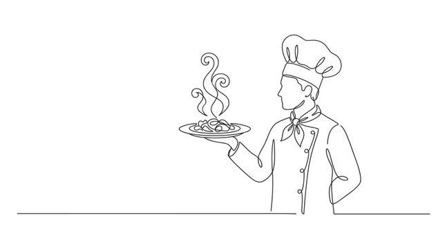 Chef holding a serving plate with a dollar sign concept line art food service chef hat financial growth