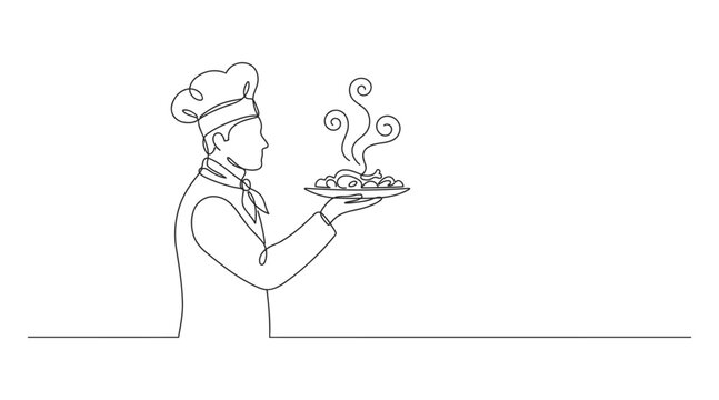 Chef presenting a steaming hot serving dish with steaming food line art chef hat food preparation catering