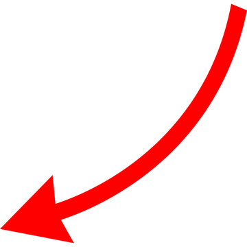 Red curved arrow pointing down to the left, downward trend and decline symbol isolated on white background