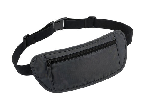 Grey nylon fanny pack or waist bag with a single front zipper pocket and adjustable black strap isolated