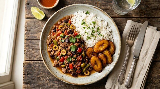 Picadillo with rice and fried plantains on a plate served on a rustic dark wooden table surface. Cuban Cuisine