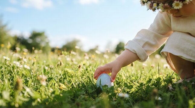 Child wearing flower crown picking easter egg in green grass with easter hunt childhood seasonal activity celebration springtime
