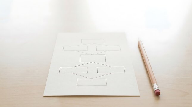 Empty flowchart diagram drawn with pencil on a piece of paper on a wooden desk table surface. Essay outline worksheet