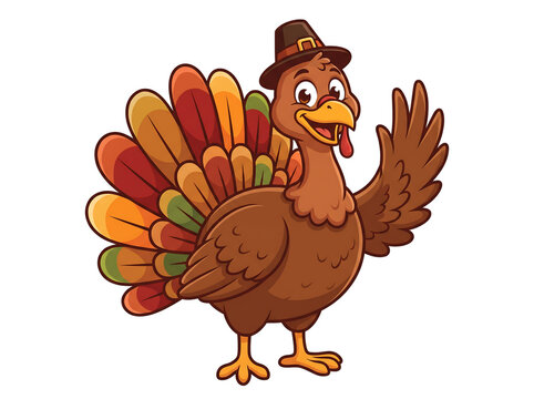 Cute cartoon pilgrim thanksgiving turkey character wearing a hat and waving vector illustration on transparent background