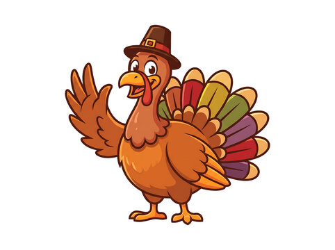 Cute cartoon pilgrim thanksgiving turkey character wearing a hat and waving vector illustration on transparent background