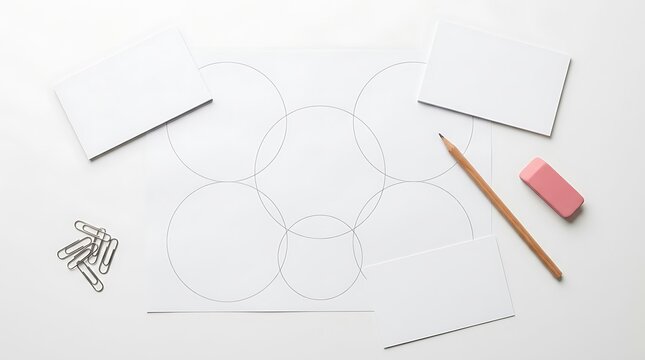 Top view , of hand drawn circles with pencil eraser and paper clips for planning business strategy. Essay outline worksheet