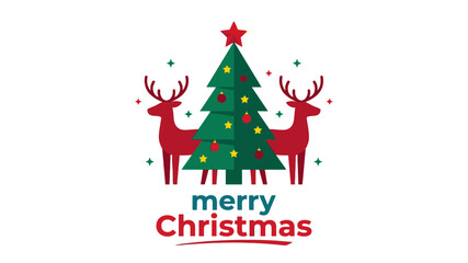 Naklejka premium Merry Christmas Greeting Card Design with Reindeer and Decorated Pine Tree