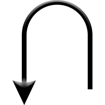 Black U-turn arrow pointing down, turnaround direction symbol and navigation icon isolated on white background 