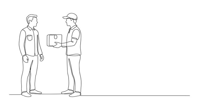 Line drawing illustration of a courier delivering a package to customer with line art