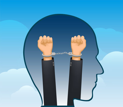 Silhouette of a human head with handcuffed hands inside. Vector illustration.