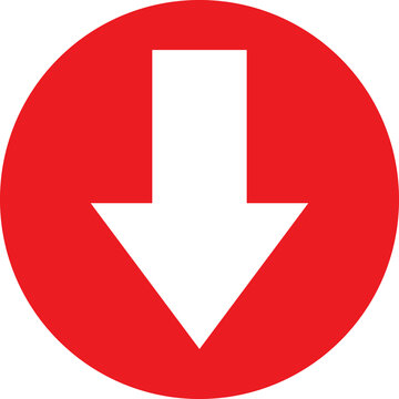 White downward arrow inside a red circle icon, navigation and direction button symbol on white background