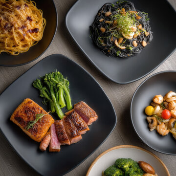 Grilled duck breast broccolini black marble table squid ink pasta creamy pasta broccoli seafood gourmet elegant