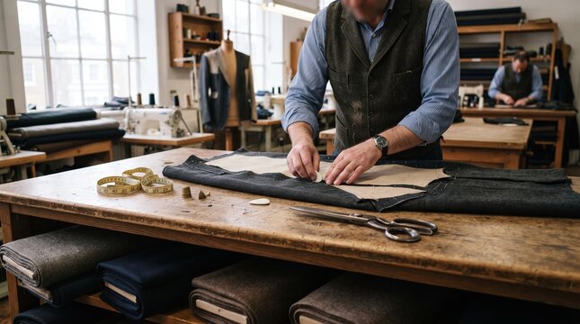 Tailor working with fabric and patterns in a traditional workshop setting