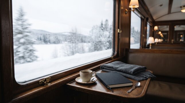 Winter landscape viewed from a train window with coffee and notebook
