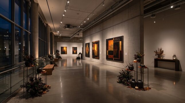 Modern art gallery interior with paintings and floral displays overlooking a city skyline