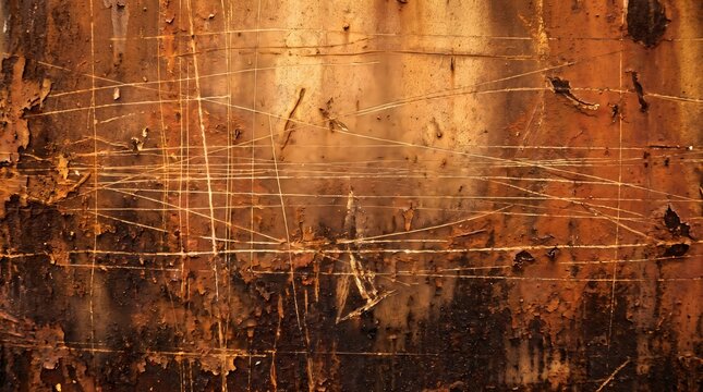 Weathered metal wall texture with deep scratches and heavy rust corrosion