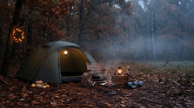 Cozy autumn camping scene with illuminated tent and campfire in a forest setting