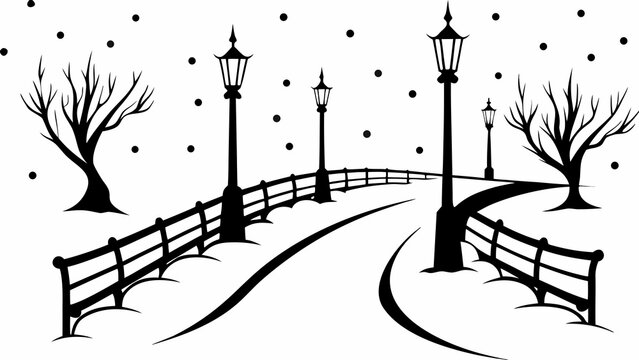 Winter park scene with street lamps and falling snow illustration