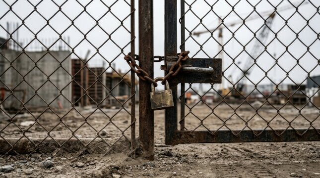 Locked chain-link fence gate before an unfinished concrete structure with idle construction cranes in the background.