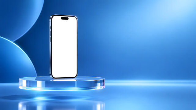 Smartphone with mockup screen standing on glass podium against blue background