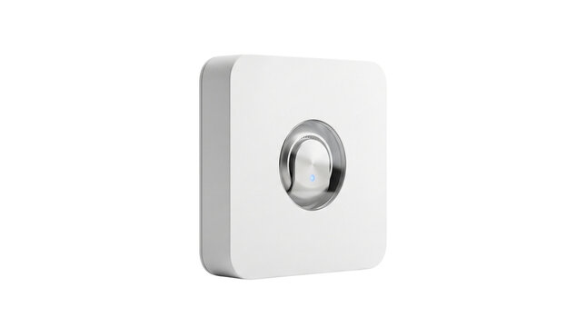 Minimalist smart doorbell button, modern white wireless doorbell ringer, sleek electronic door chime for home security and smart home automation