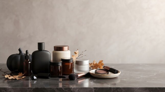Minimalist cosmetic products arrangement with autumn leaves on a gray marble surface