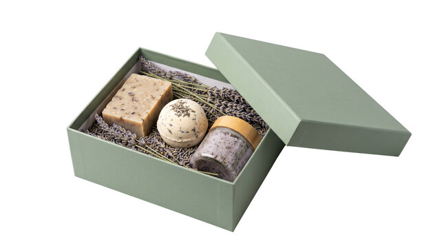 Lavender spa gift set in sage green box, handmade organic soap and bath bomb collection, luxury self-care wellness kit with dried lavender flowers