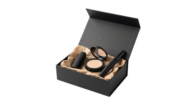 Premium black cosmetic gift box with makeup products, luxury beauty subscription box mockup, elegant skincare packaging set on white background