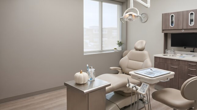 Modern dental office interior with examination chair and window light