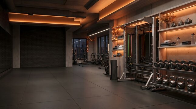 Modern gym interior with weightlifting equipment and warm ambient lighting for fitness and exercise