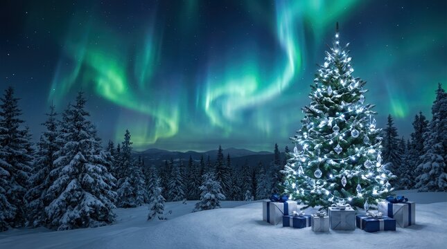Magical Christmas tree glowing under the northern lights in a snowy forest winter wonderland landscape.