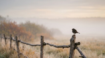 Obraz premium A solitary bird sits atop a weathered wooden fence in a misty rural setting. Concept nature, solitude, tranquility, morning, wildlife background, ideal for editorial and creative use. Generative AI.