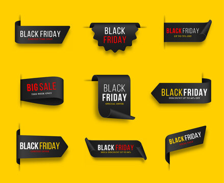 Black Friday promotional labels with big sale and special discount offers.