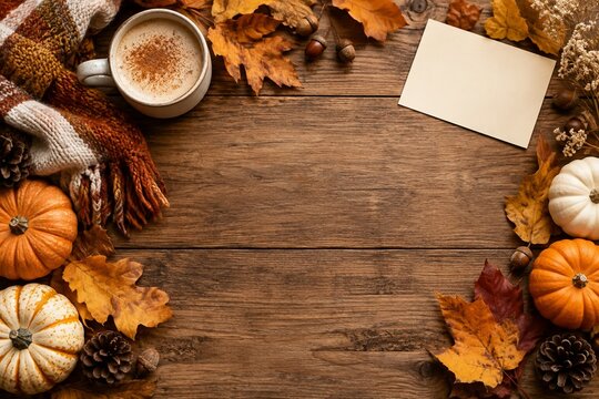 Cozy Autumn Flat Lay with Pumpkins and Blank Card