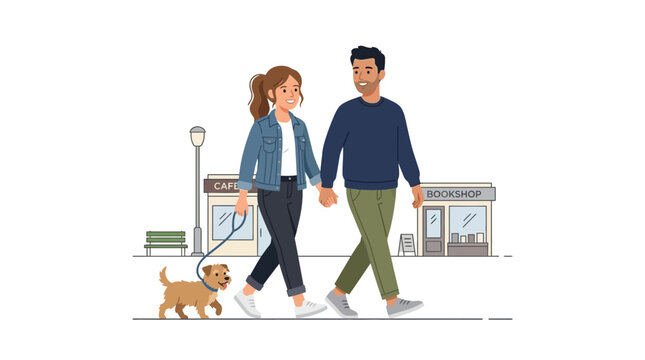 A happy couple walks their dog past a cafe and bookshop.
