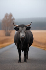 Fototapeta premium Buffalo road foggy landscape autumn rural animal horn standing outdoor calm field nature mammal countryside