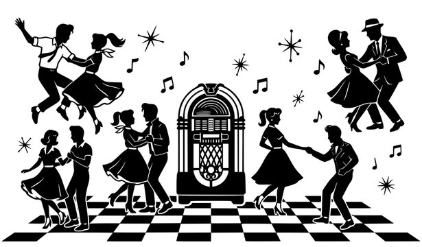 Vintage 1950s Dance Silhouettes with Jukebox Retro Music Party Vector Illustration