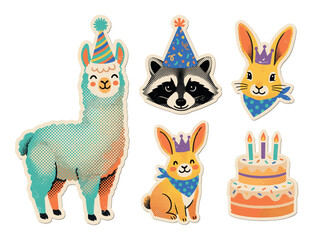 Fototapeta premium Birthday animals illustration with llama raccoon rabbit and cake for party cards in playful collage style