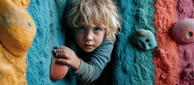 A young child with blonde hair stares forward while climbing a colorful climbing wall