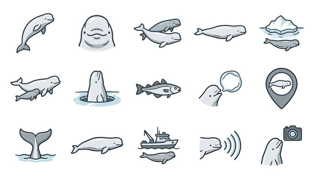 Hand drawn beluga whale icon set featuring marine life arctic animals and conservation symbols.