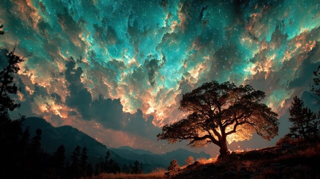 Scenic vista featuring a lone, silhouetted tree set against a colorful, ethereal skyscape