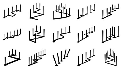 Obraz premium Vector set of isometric vertical post line diagrams showing different path layouts and structural arrangements.
