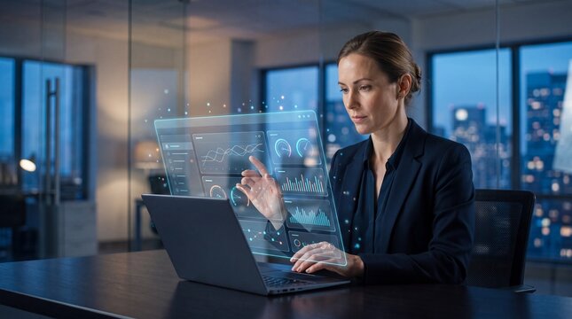 Professional businesswoman interacting with futuristic holographic interface, working on laptop in modern office at night, cityscape background, data visualization, technology concept