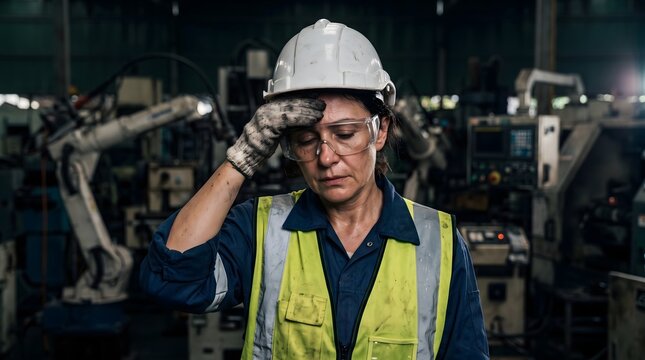 Exhausted middle-aged female industrial worker in safety gear touching her forehead in a dark factory for burnout and mental health in the workplace concept.