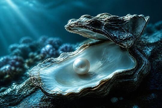 A pearl rests inside an open seashell in a dark, underwater setting with sunlight filtering from above.