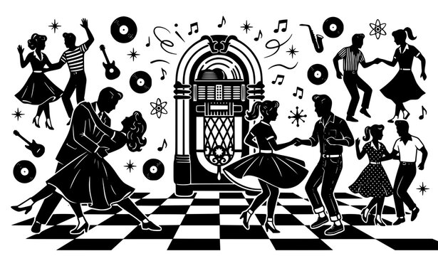 Retro Jukebox Party with Dancing Couples and Checkered Floor Black White Vector