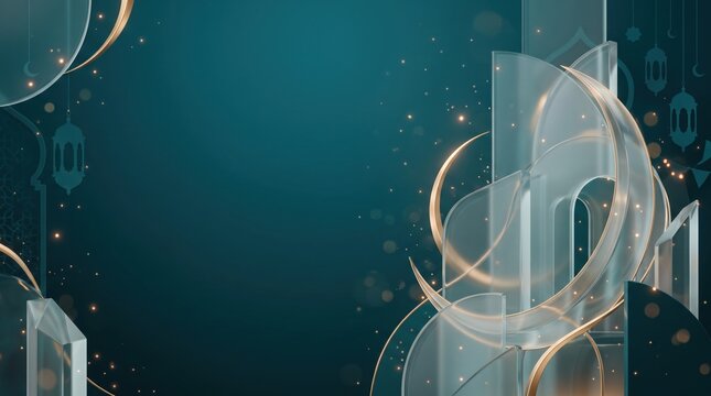 Teal gradient background, with glass crescent, moon and lantern silhouettes