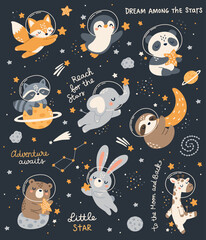 Fototapeta premium Dreamy space illustration with cute animals floating among stars, planets, moons and constellations. Flat vector design with playful lettering, perfect for childrens posters, nursery decor, prints